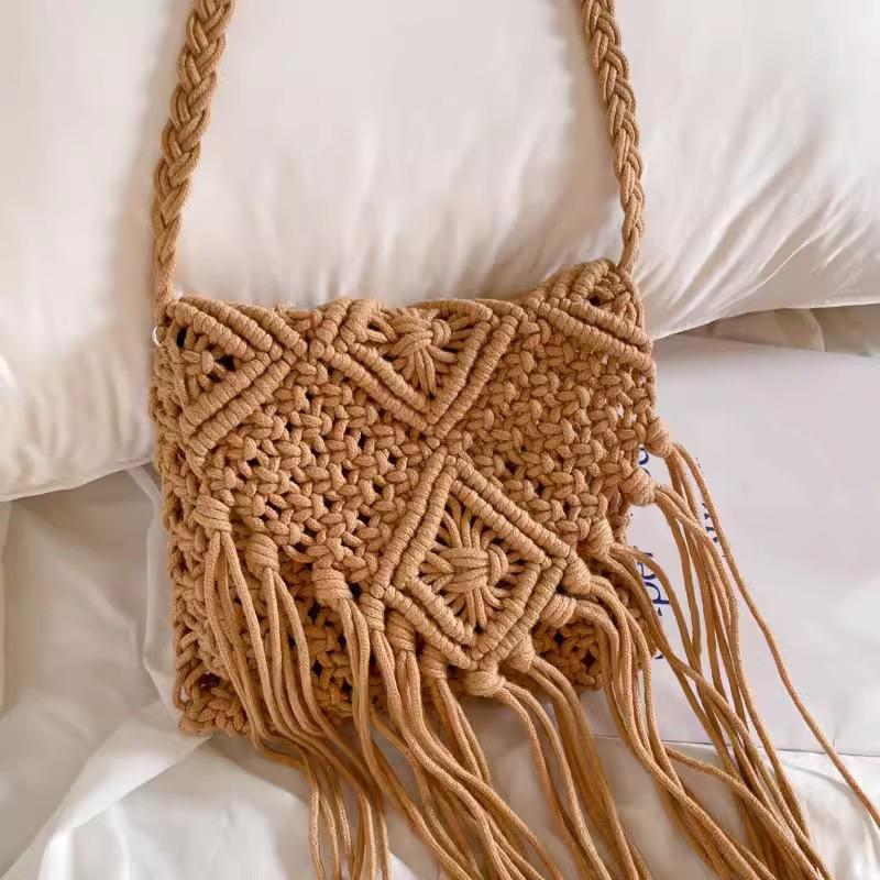 New Casual Handmade Crochet Braid Fringed Bag Women Tassel Knitted Handbag Female Beach Bohemian Shoulder Messenger Bag
