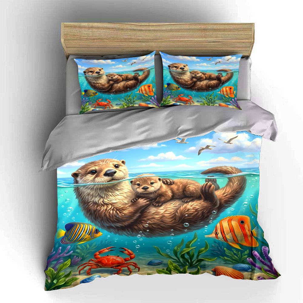 Otter Family With Marine Life Printed Duvet Cover Set1 Duvet Cover+2 Pillowcasemulti Size Bedroom Bedding Decor Luxury Gifts