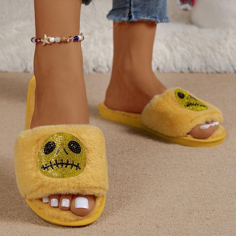 

Trendy Halloween Slippers 2024 Autumn Winter New Design with Exposed Toes Warm and Comfortable Flat Bottom Plush Women Slippers