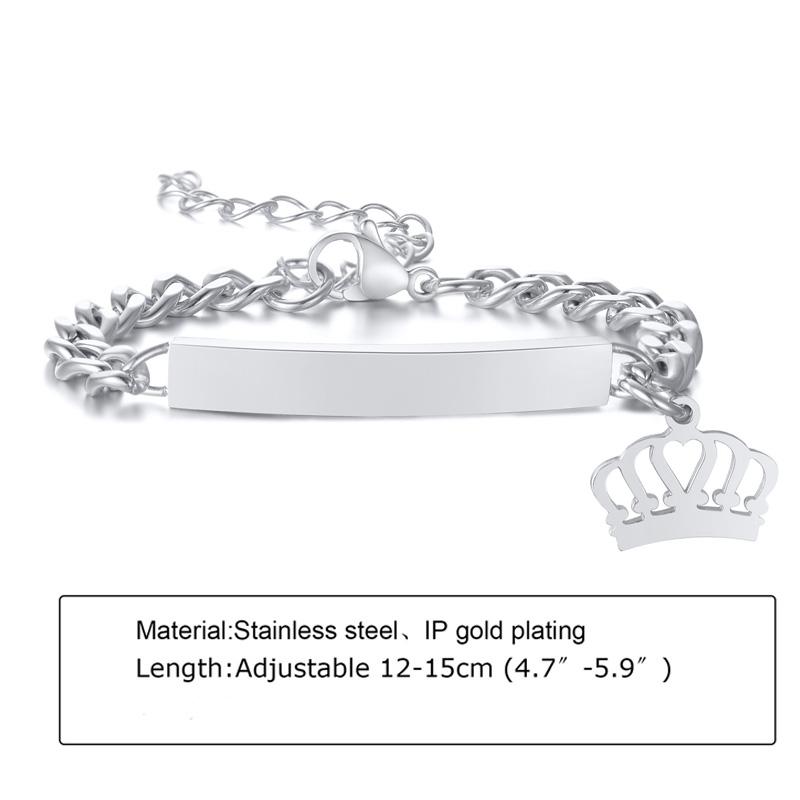 Custom Personalized Name ID Bracelet Gilrs Boy Gifts, Stainless Steel Curb Chain Link Crown Bracelet Not Allergic NO Engrave