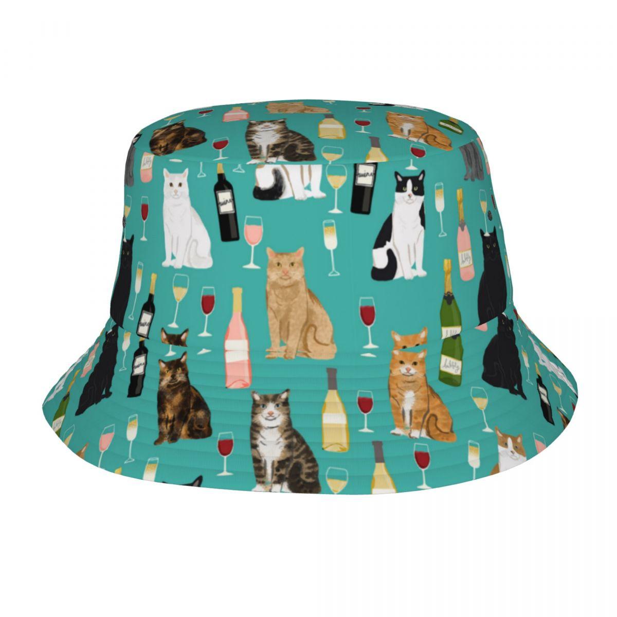 

Woman Bob Hats Cats And Wine Cute Spring Headwear Foldable Hiking Fishing Caps Animal Bob Hat Birthday Gifts