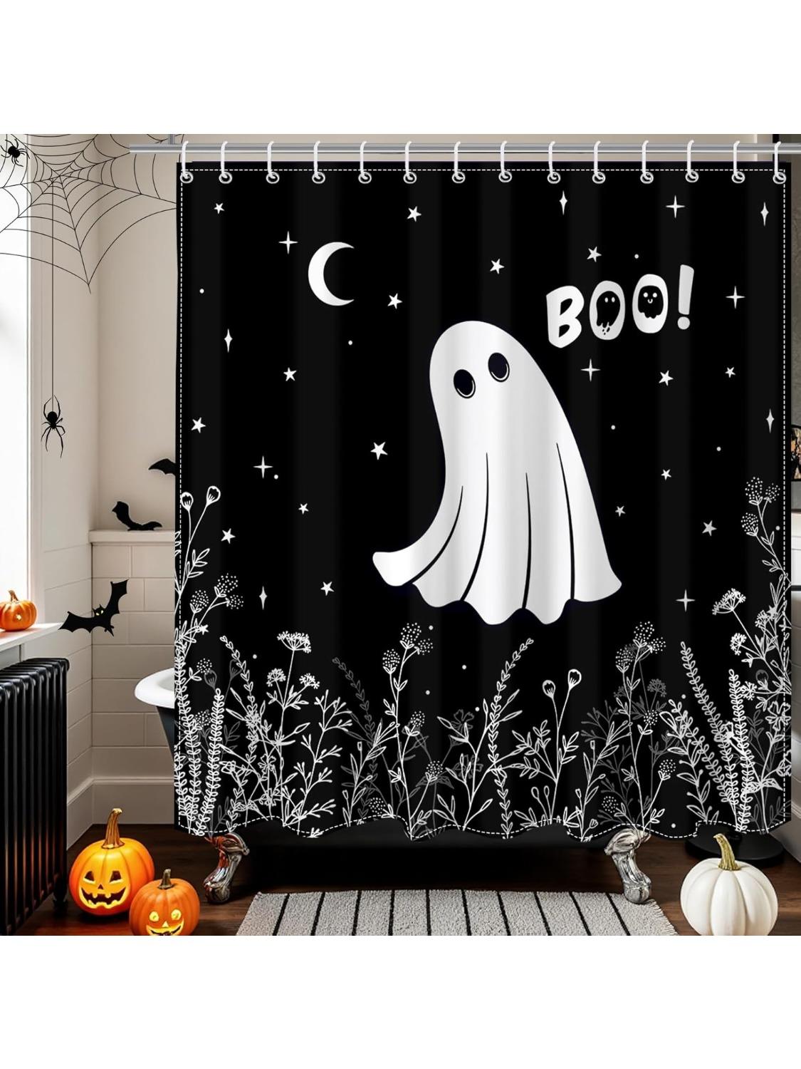 

Halloween Ghost Shower Curtain Black White Boo Spooky Shower Curtain Horror Funny Gothic Ghost Halloween Bathroom Decor Fabric W60H190(CM)-1 Pcs