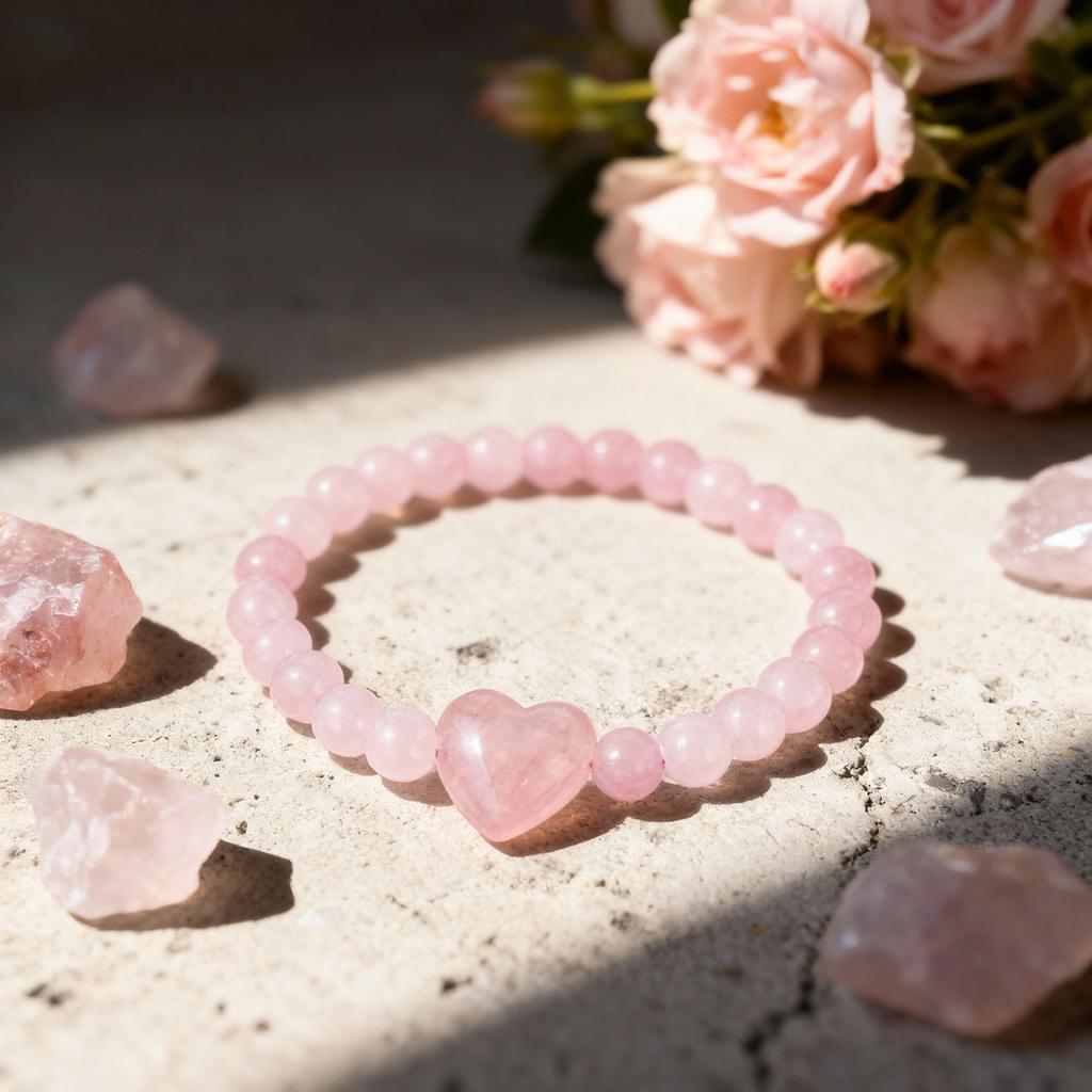 Festive Gifts Rose Quartz Beaded Bracelet With Heart Charm Sweet Fashion Jewelry For Women Daily Wear Simple Versatile Accessory