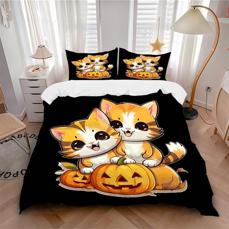 3pcs Two Kittens & Halloween Pumpkin Quilt Cover Set, Polyester Fabric, All-Season Comforter Set For 1 Quilt Cover & 2 Pillowcases