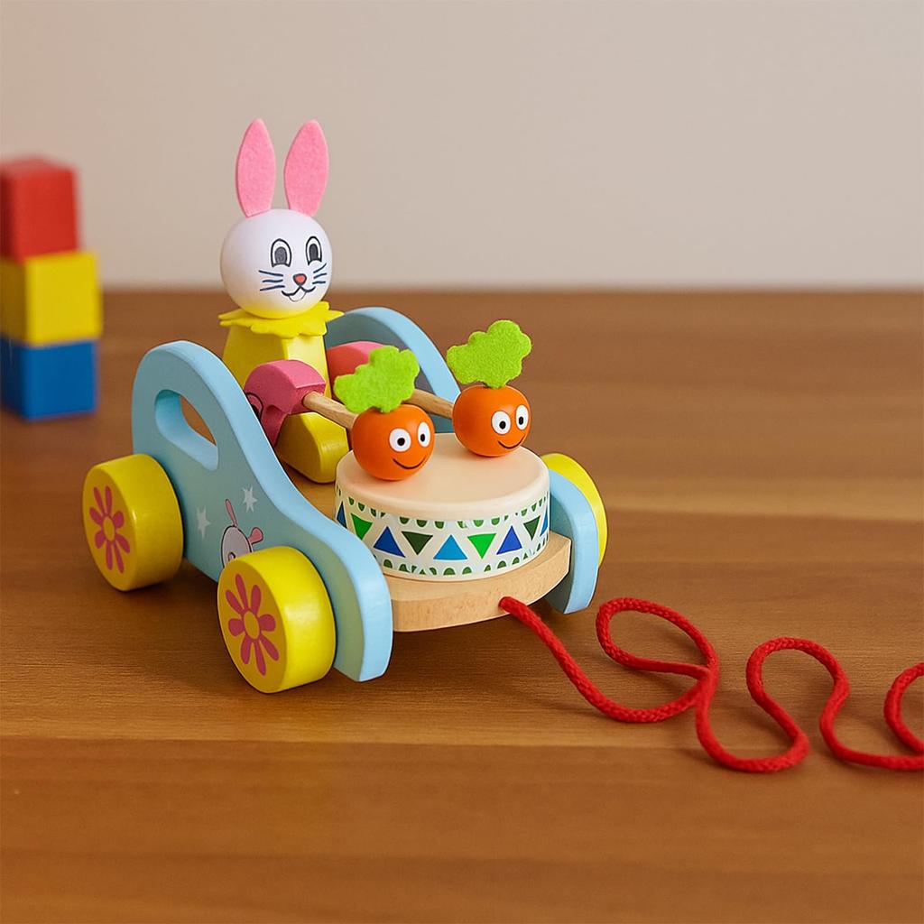 Wooden Bear Pull Toy, Educational & Finger Training, Develops Color Recognition & Balance, Tractor-Style Pull-Back Car for Babies & Toddlers Ages 1,