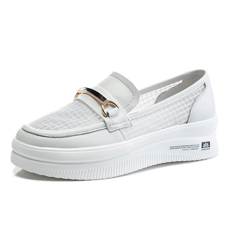 Leather little white shoes women's new summer thick-soled heightening one-pedal casual single shoes women's mesh breathable women's shoes