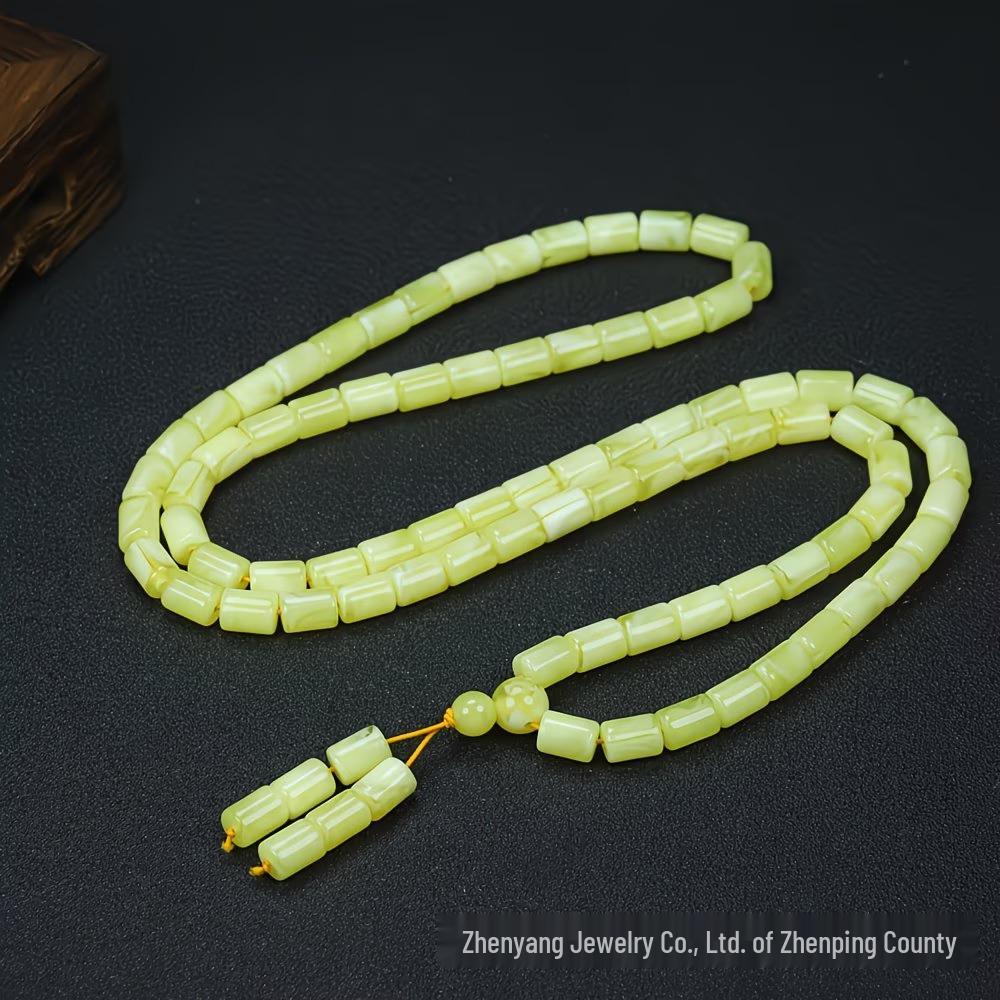 Russian White Beeswax Beads Buddhist Rosary: Multi-strand Bracelet Necklace with Hundred Flowers Amber Design жёлтый
