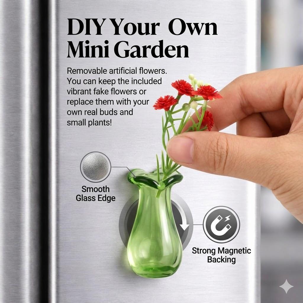 5/8pc Miniature Glass Vases with Faux Flowers Fridge Magnets Set, Artificial Plants Refrigerator Magnet for Kitchen Office Decor