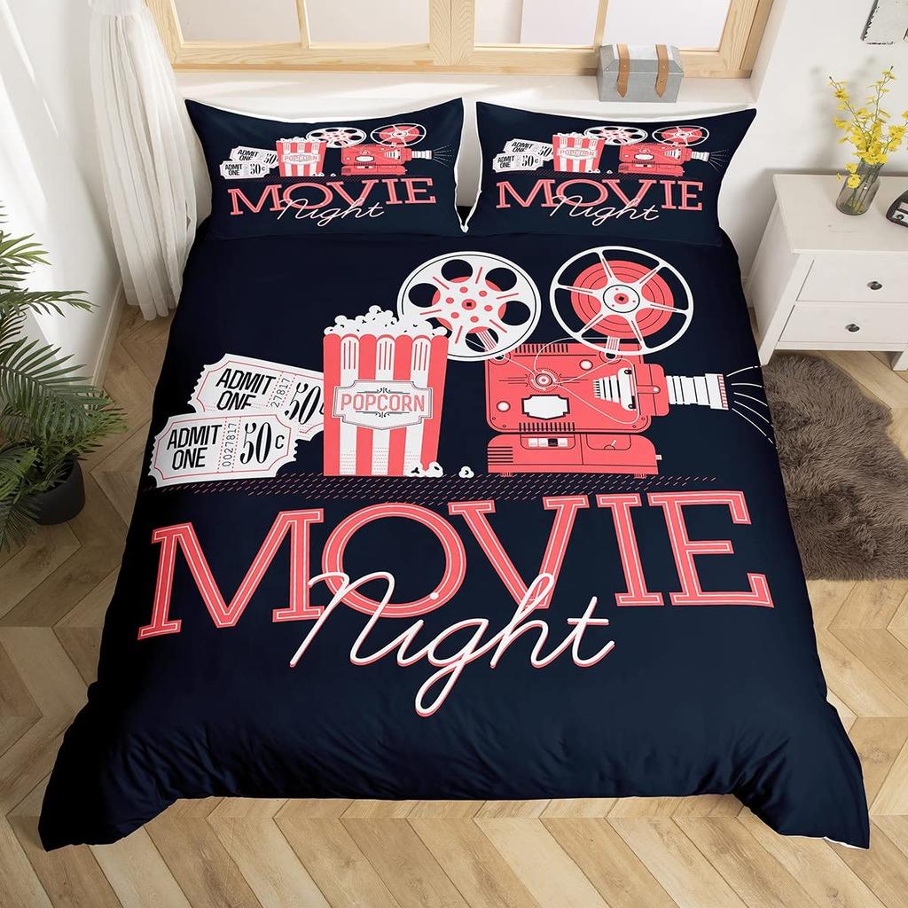 Vintage Kino Bettbezug für Familie Junge Mädchen Heimkinozimmer Dekor Vollständiges Film-Thema Bettdeckenbezug Film-Thema Bettwäscheset