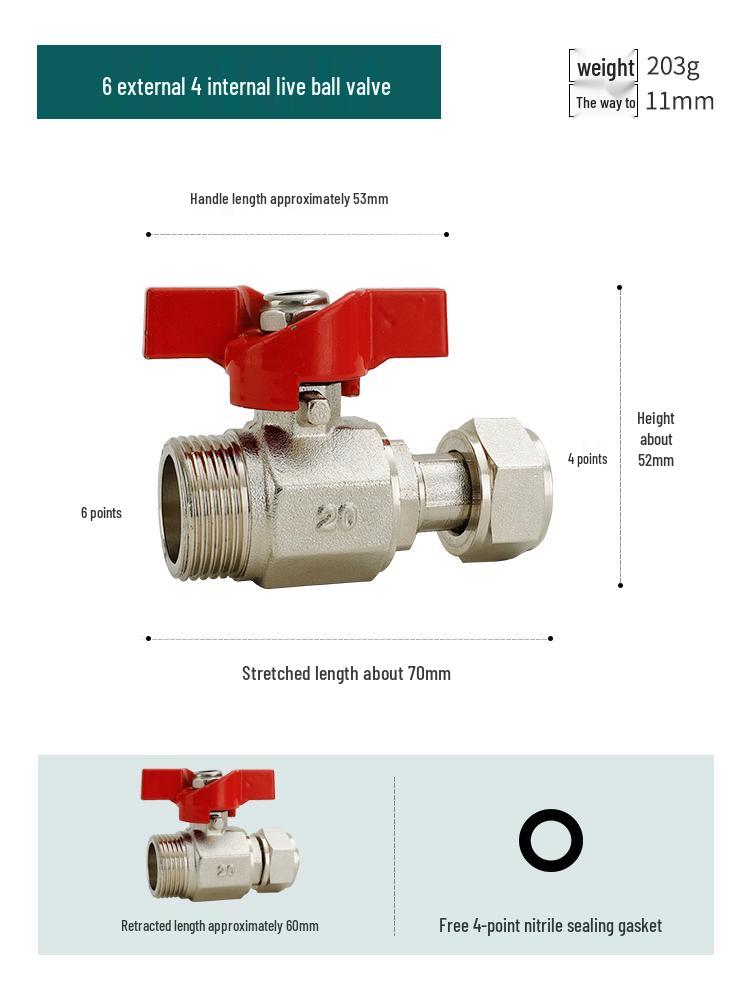 Full Copper Water Heater Union Ball Valve, Male/Female Thread, 6 to 4 Points Large Flow for Wall-Hung Boiler