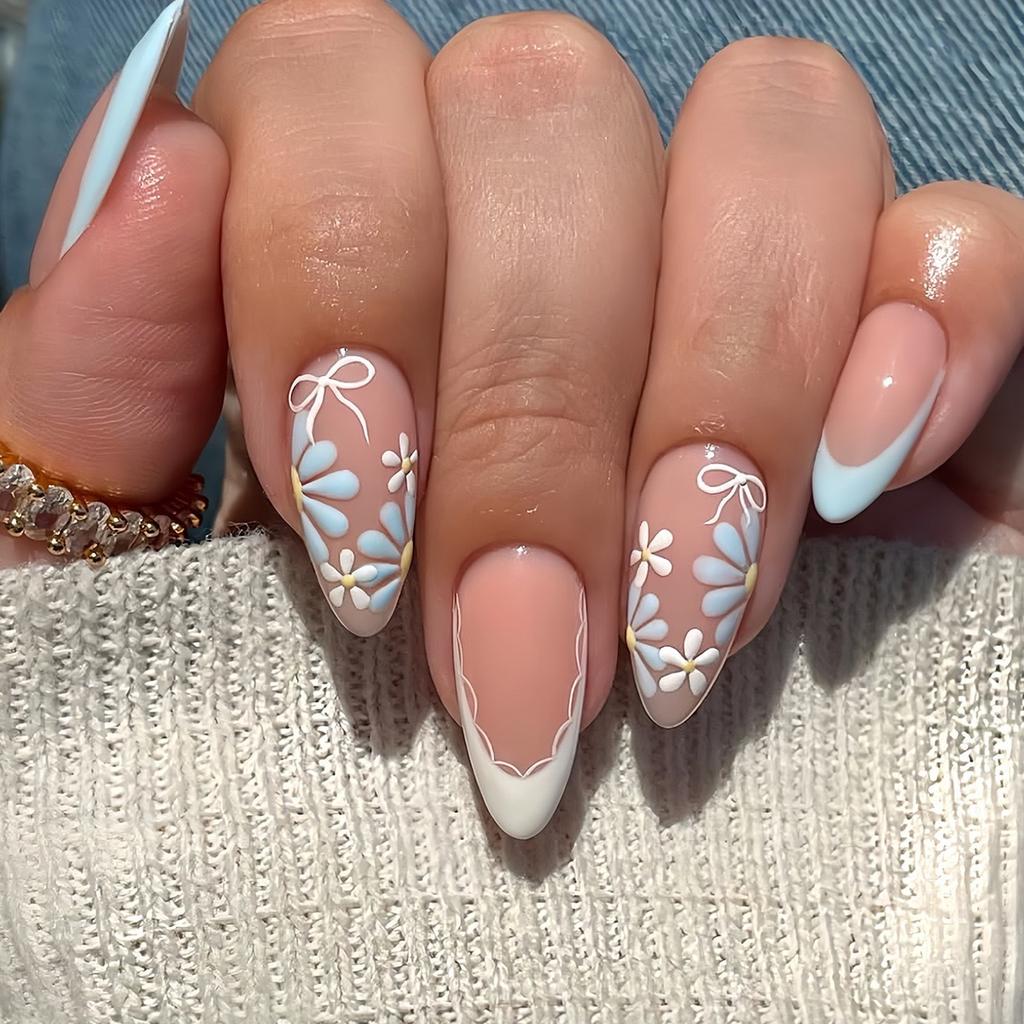 24PCS Sweet Purple French Press On Nails Cute 3D Flowers Ripples with Lace Pattern Almond Fake Nails for Women Wearable Manicure