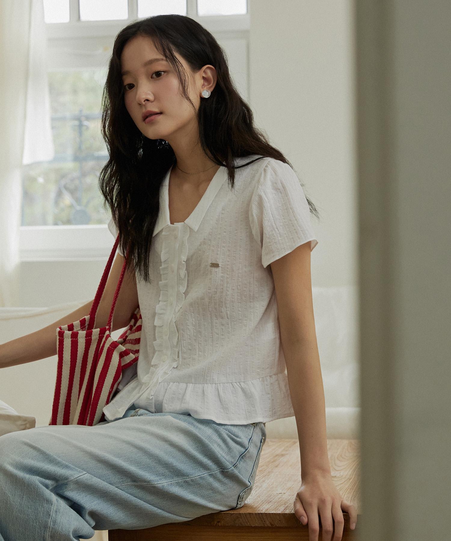 Adowl Frill Jacquard Cap Sleeve Blouse - White White/Free
