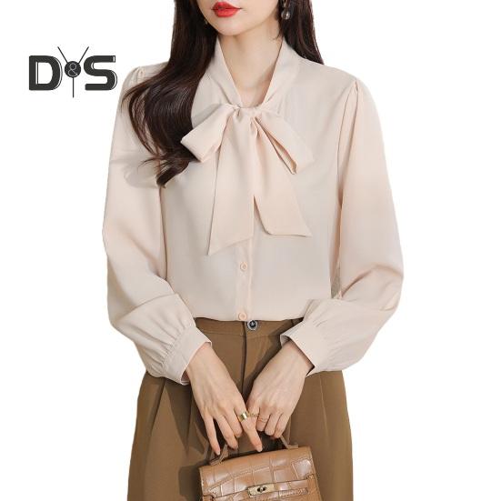 

Женская рубашка со шнуровкой и бантом на воротнике, с длинным рукавом, повседневная рубашка, однотонная, свободная, шифоновая рубашка, топы, повседневная одежда S абрикосовый