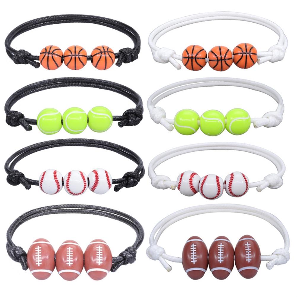 12Pcs Sports Ball Bracelet Baseball Tennis Basketball Rugby Beads Bracelets Adjustable Wax Cord Inspirational Sports