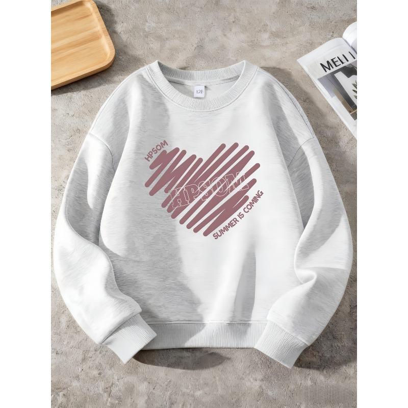 European sizes Kids' Casual Round Neck Sweatshirt with Heart & Text Print  - Cozy Winter Sweater for, Playdates, Casual Attire - Easy-Care ' Outerwear