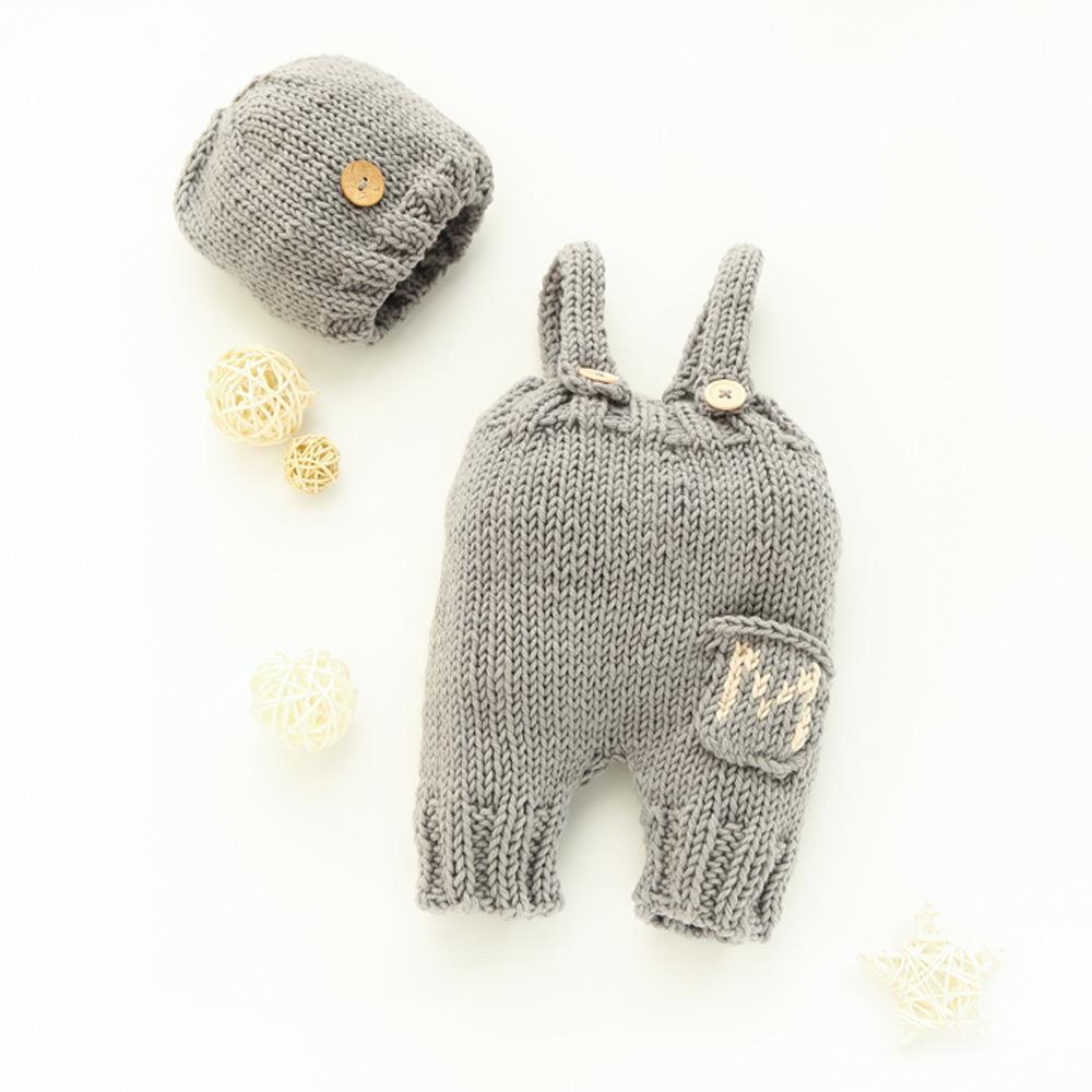 2020 Newborn Photo Props: 2-Color Knit Baby Overalls & Hat Set