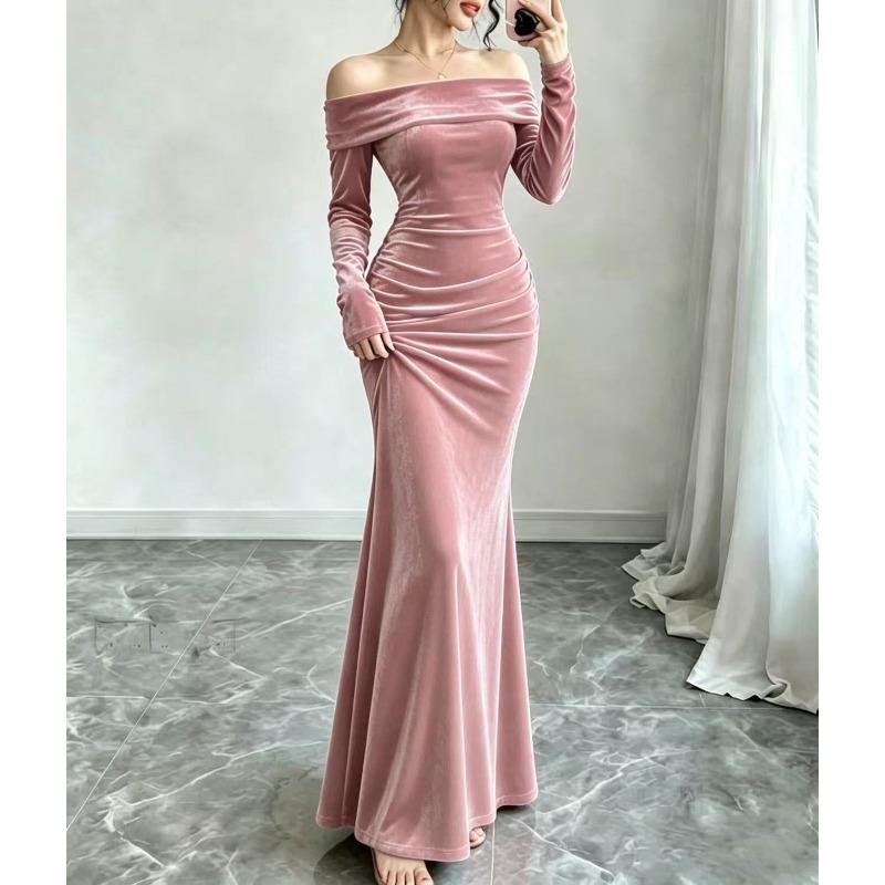 Women S Elegant Velvet Off Shoulder Bodycon Maxi Dress