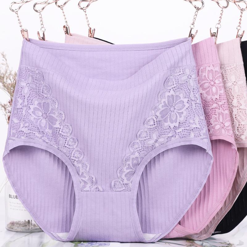 Gerippte Unterwäsche für Damen in Übergröße aus reiner Baumwolle mit Spitze, hochgeschnittene Slips, Unterhosen für Mütter mittleren Alters, Plus Size, Mm-Dreiecksslips