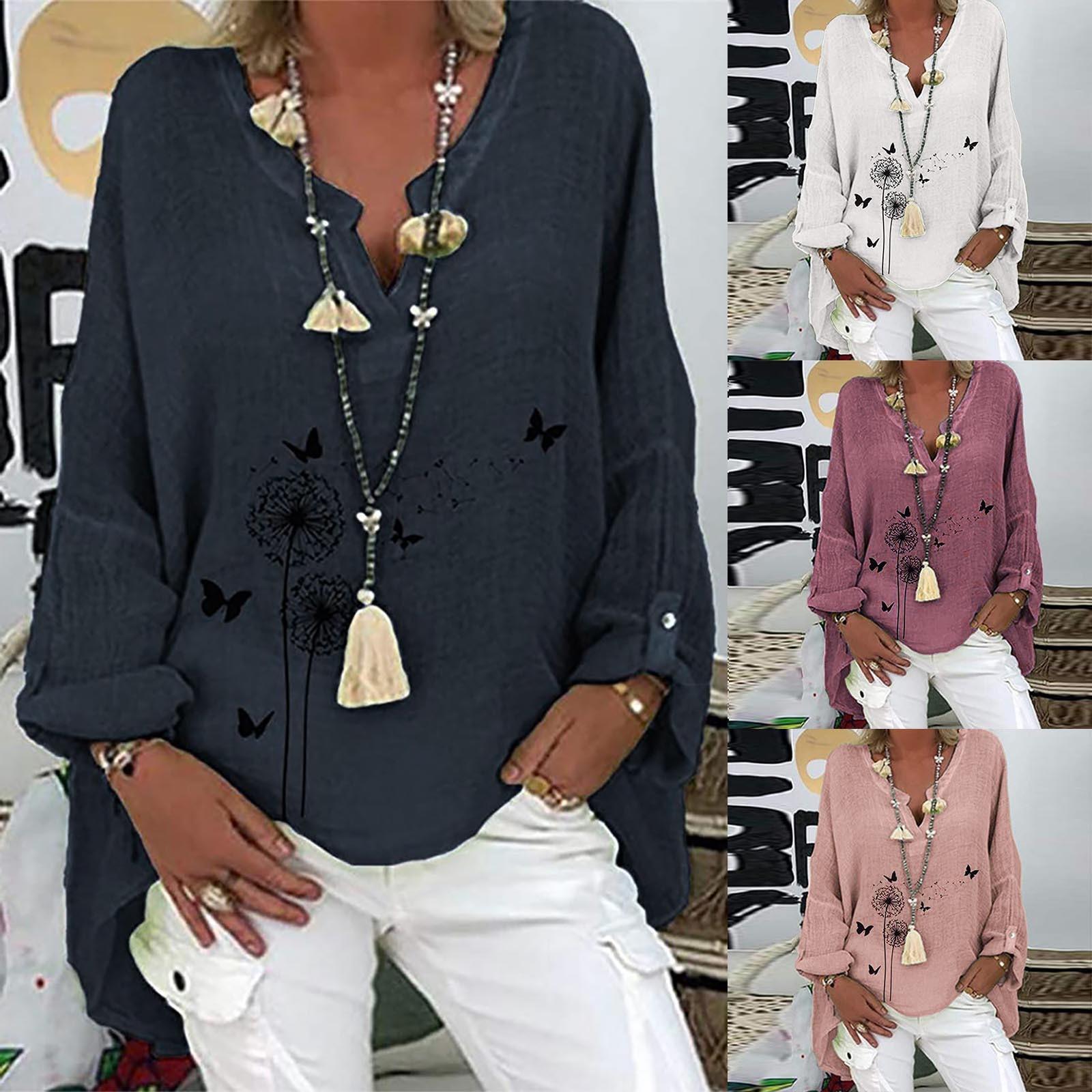 

Женские повседневные рубашки из хлопка и льна с v-образным вырезом и принтом большого размера, топы L тёмно-синий