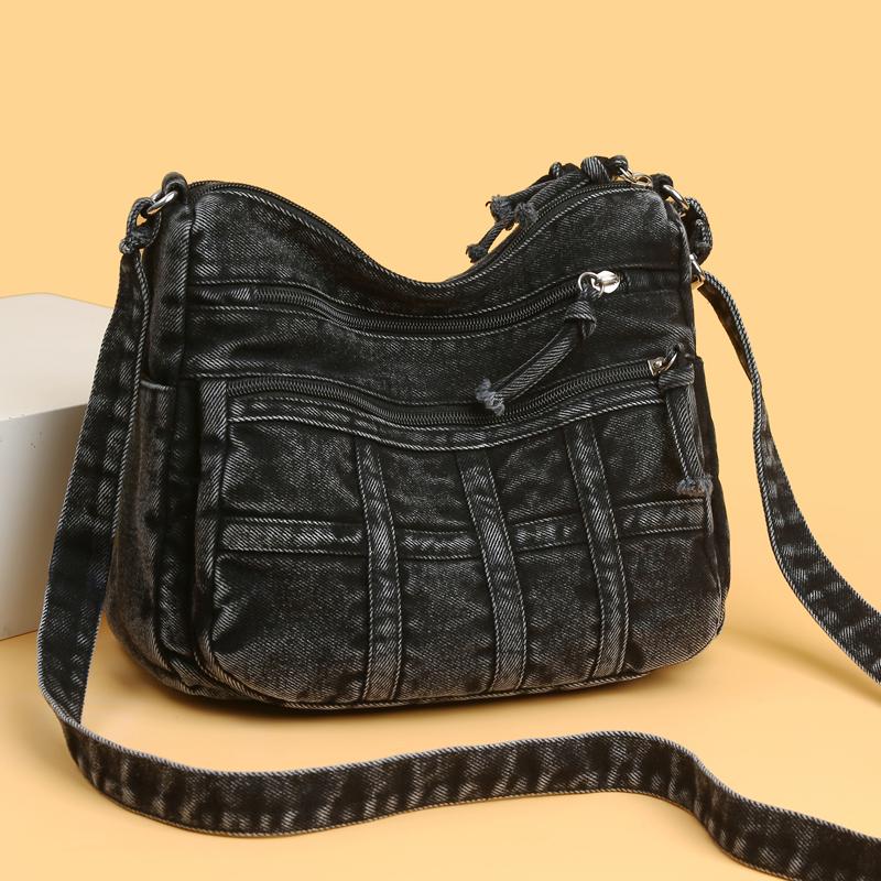 Vintage džínová taška přes rameno Dámská crossbody taška Vícekomorová taška pro maminky