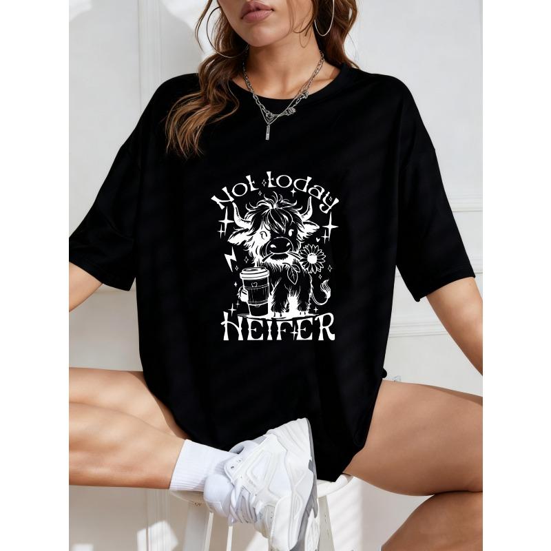 Oversized T Shirt White Cow With Coffee Cup And Not Today Heifer Print Casual Streetwear For Women