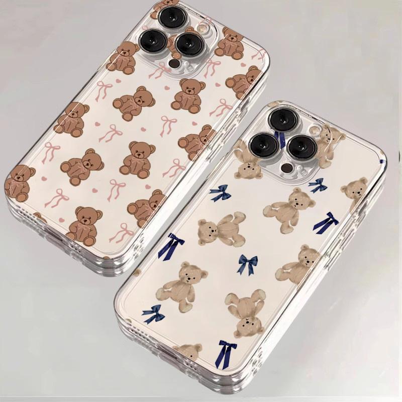 Cute Teddy Bear with Bow Pattern Phone Case for iPhone 17 16 15 14 13 12 11 16E Series Pro Max Plus Double Layer Protection