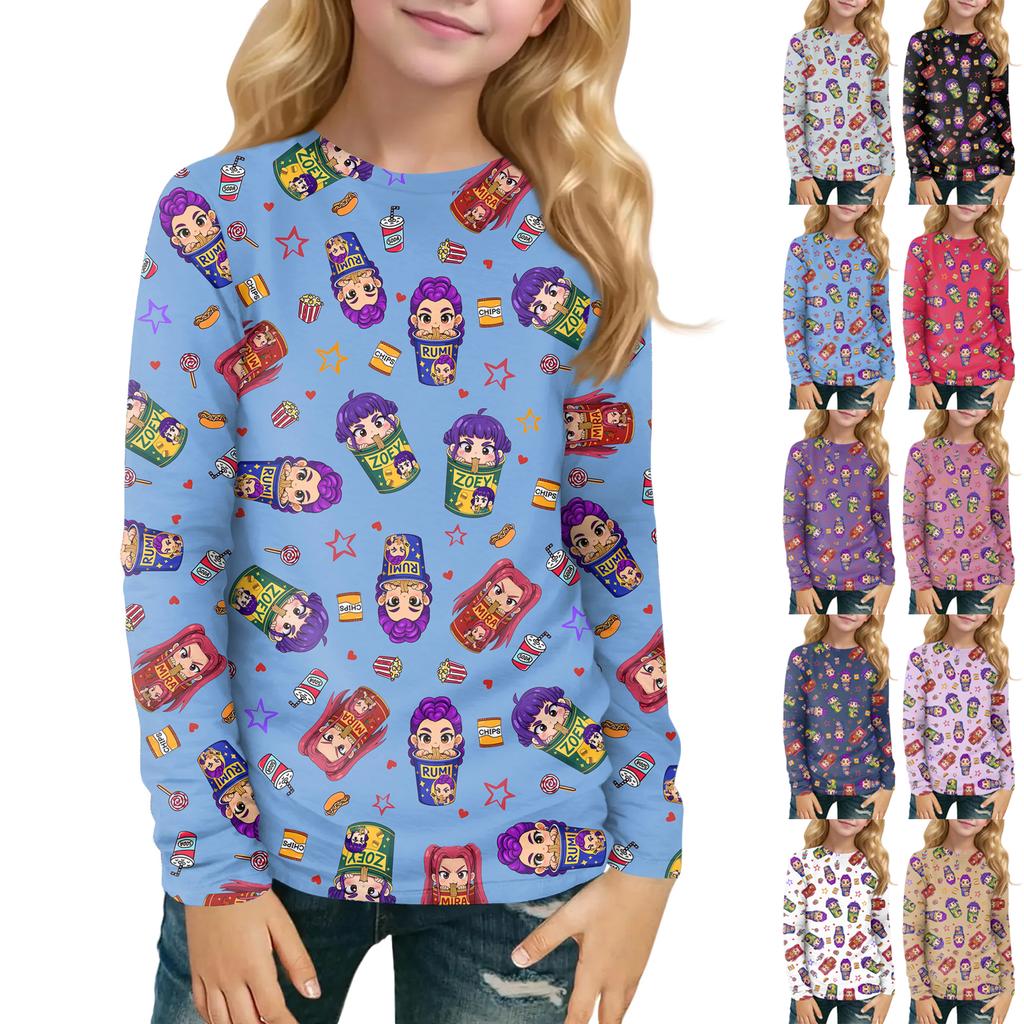 Children's Witch  Printed Long Sleeved Round Neck Top With Floral Print For Daily Casual T-shirt