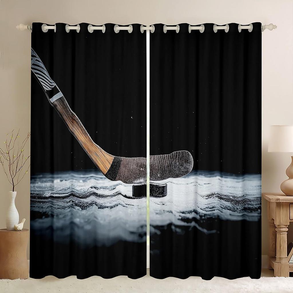 Ice Hockey Curtain Living Room Pucks Sports Ball Games Panel Winter Extreme Sport Theme Curtains Drapes Blackout Polyester Ideal For Sitting