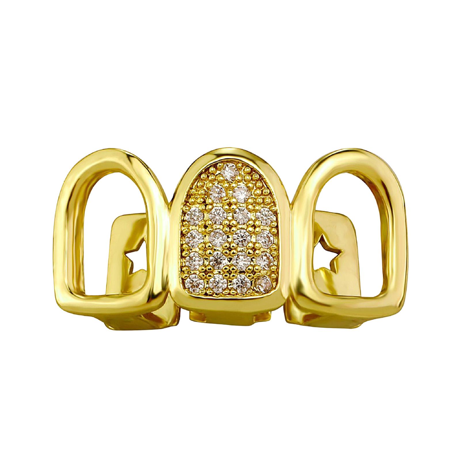 

Rhinestone Teeth Cover Gold Plated Hollow Out Three Row Grillz With Zirconia Teeth Cover For Halloween Party Stage Performance золотой