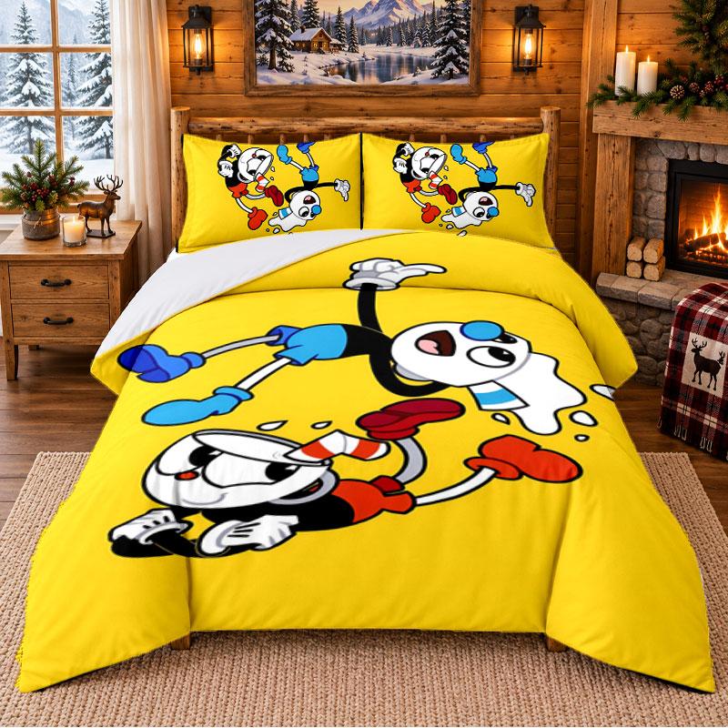 Cuphead Pattern Bedding 3Pcs Set Bed Sheet And Pillowcases For Indoor Bedroom