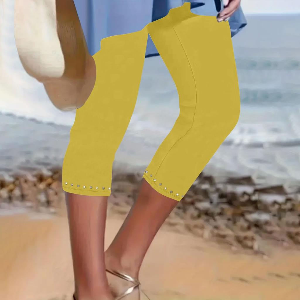 Women's Fashion Solid Color Elastic Waist High Waist Tie Diamond Slimming Bottom Pants