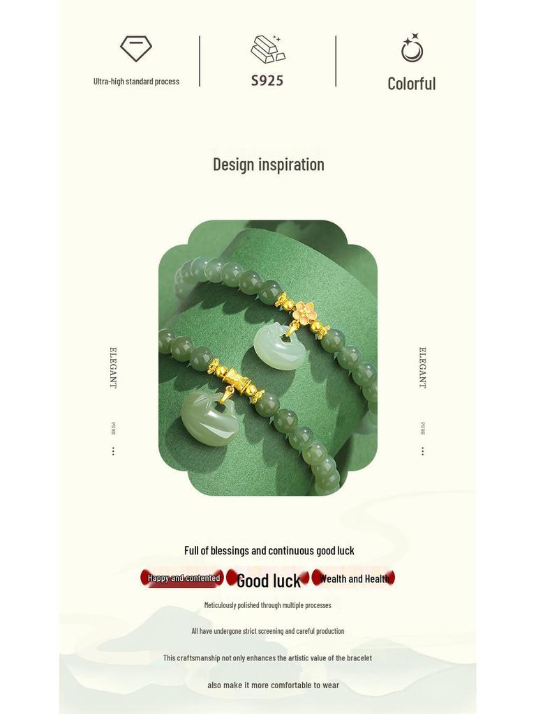 Gradient Green Ferris Wheel Jade & Enamel Flower Bracelet, Women’s S925 Sterling Silver, National Style