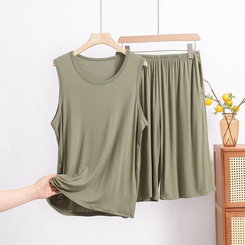 

Мужской модальный жилет с шортами, летний свободный большого размера, футболка без рукавов, внешний карман, домашняя пижама, комплект брюк 8XL армия зеленый