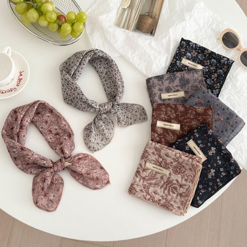Silk scarf new fashion neck protection small shawl retro literary scarf double-sided floral headscarf headband cotton and linen square scarf