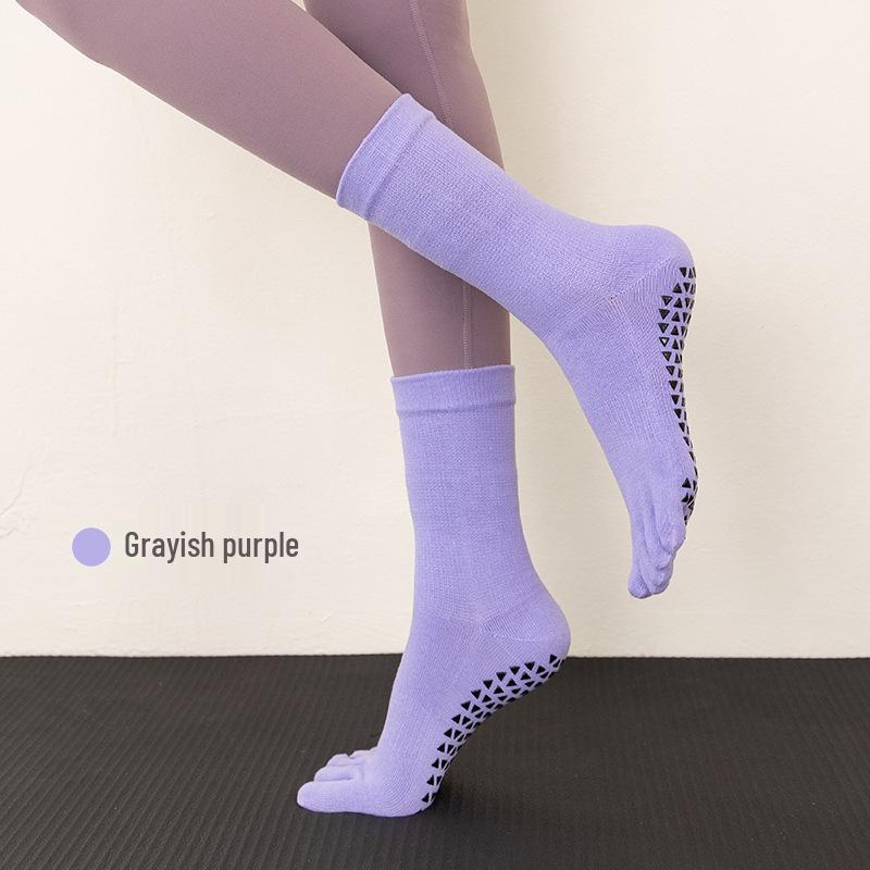 Professional Non-Slip Five-Finger Yoga Socks for Pilates, Aerobics, Indoor Sports, and Fitness - Sweat-Absorbent, Breathable, Mid-Calf Floor Socks.