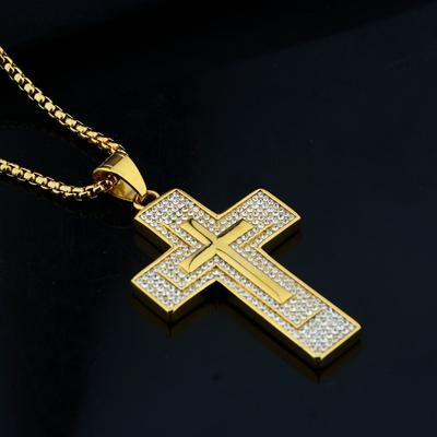 Religious Iced Out Bling Jesus Cross Pendant Male Gold Color Stainless Steel Christian Big Necklace For Men Jewelry Gift