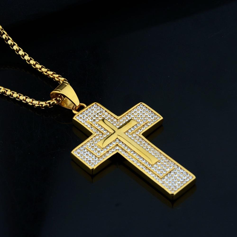 Religious  Iced Out Bling Jesus Cross Pendant Male Gold Color Stainless Steel Christian Big Necklace For Men Jewelry Gift