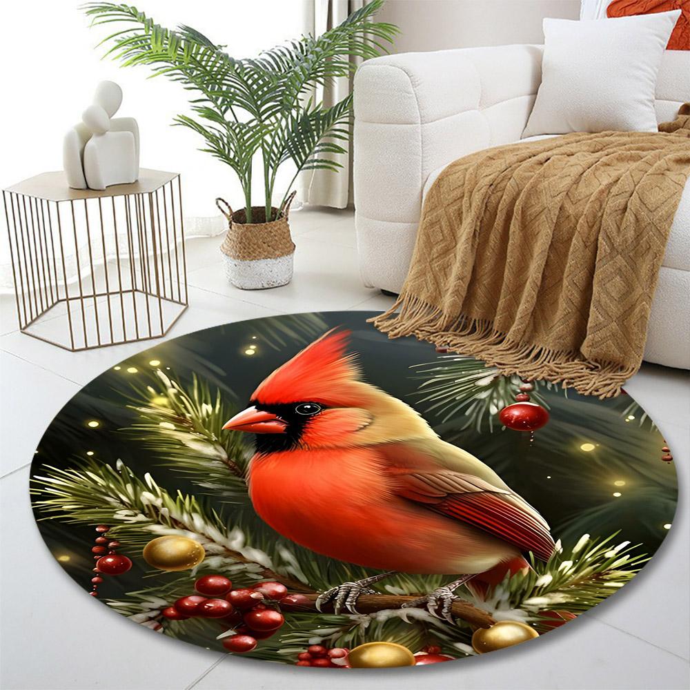 "Festive Cardinal with Pine and Ornaments" Print round rug, living room, bedroom, playroom carpet, non slip floor mat, gift