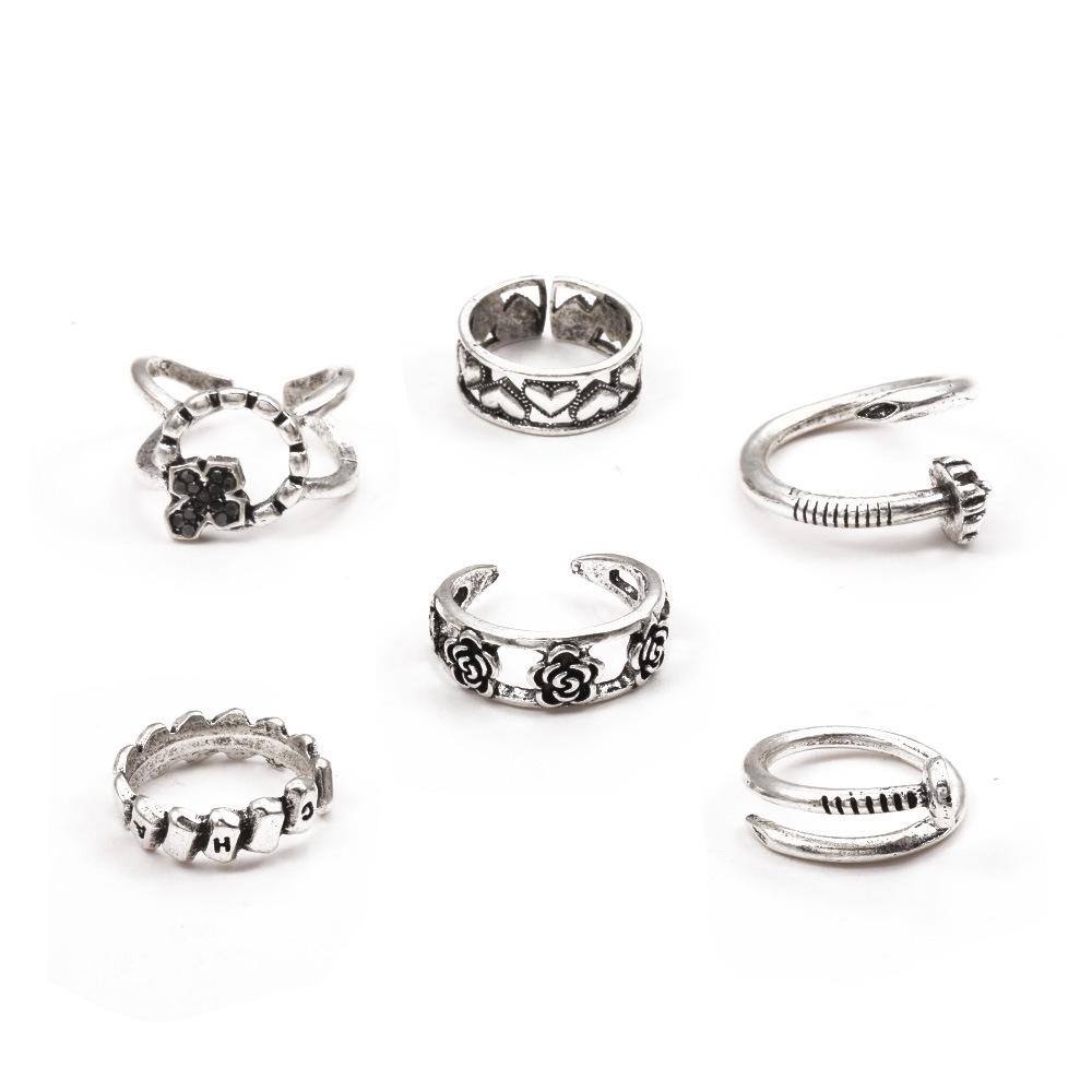 Personalized Combination Ring, Retro Love Nails Flower Opening 6 Pieces Ring Jewelry
