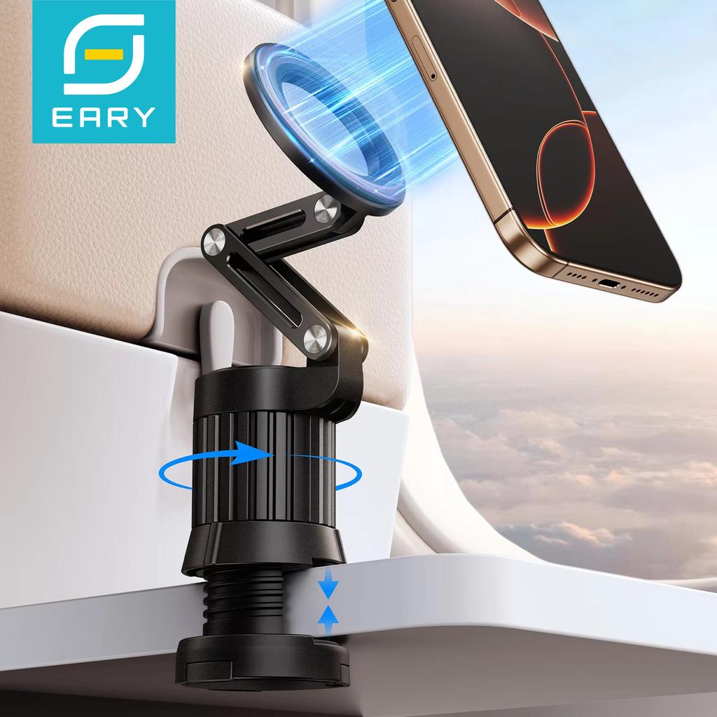Eary Magnetic Phone Holder Stand Airplane Travel Accessories 360° Rotatable Portable for Desk Train Seat for iPhone 16/15/14/13