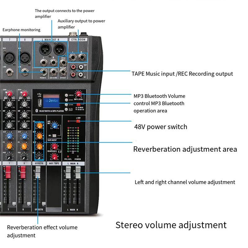 ABNR CT80 Professional Audio Mixer 8-Channel Bluetooth USB Effect 48V Stage Party Sound Mixer Console