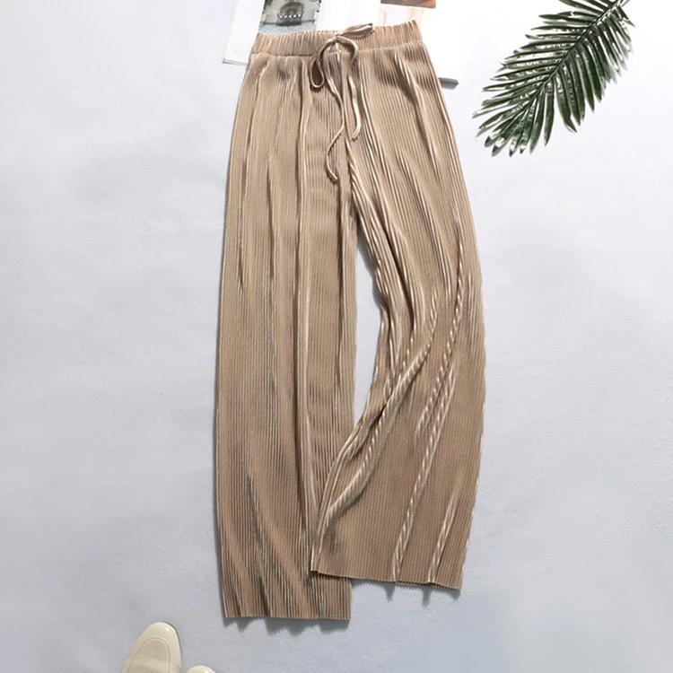 2025 Spring Summer Women's Ice Silk Chiffon Pleated Wide-Leg Loose Casual Long Pants