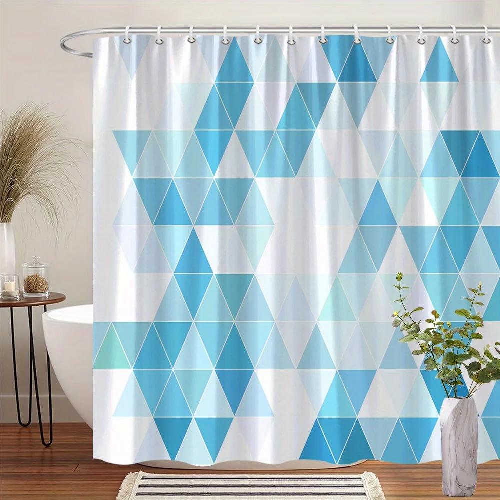 

1pc Geometric Triangle Shower Curtain - Blue & White Interconnected Triangles, Gradient Effect, Minimalist Abstract Design W90xH180cm