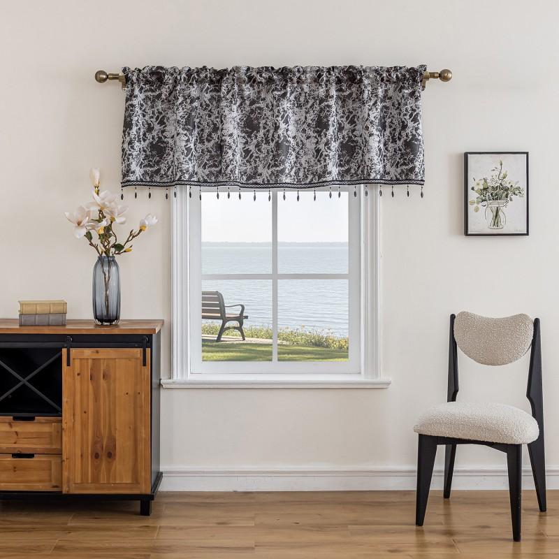 Embroidered Floral Sheer Curtain Panel Kitchen Window Farmhouse Style Short Valance In Black Gray Brown Red Navy