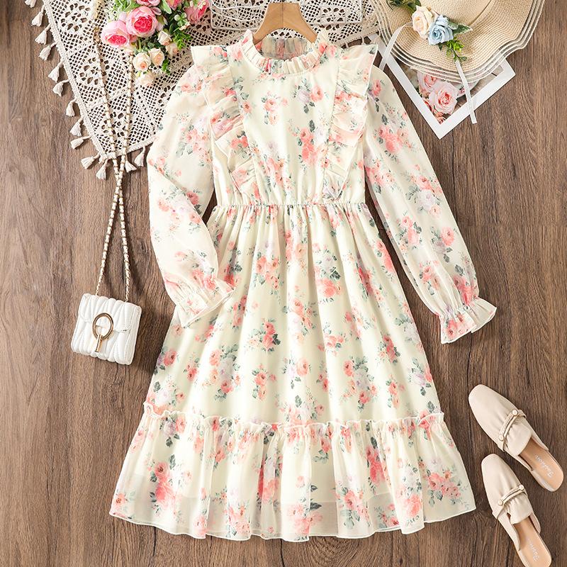 

Платье для девочки Детская одежда Осень и зима Новый стиль Цветочный принт Длинный рукав Девочка 8-12 лет Платье принцессы 160cm/11Y белый