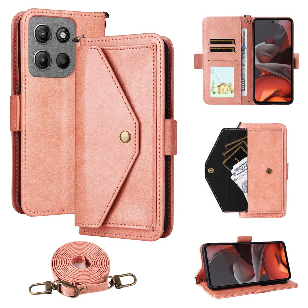 For Motorola Moto G15 Power 4G/G15 4G Leather Case Magnetic Closure Wallet Stand Phone Cover with Crossbody Strap