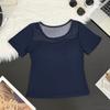 Mesh solid color V-neck T-shirt women's with chest pads, medium sleeves, summer new slim-fitting and thin inner bottoming shirt, foreign-style top