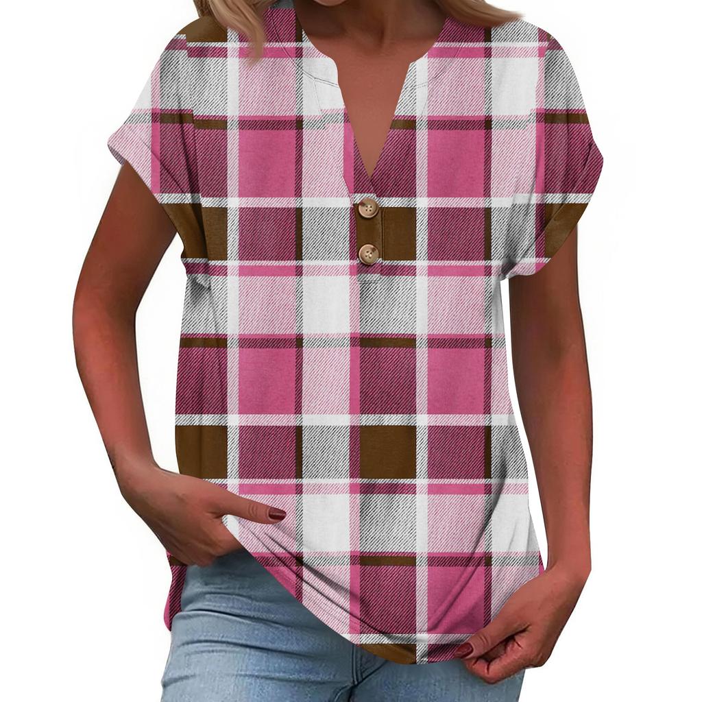 Modisches Lässiges Locker Geschnittenes Kurzärmeliges Knöpfbares V-Ausschnitt Bedrucktes T-Shirt Top für Damen