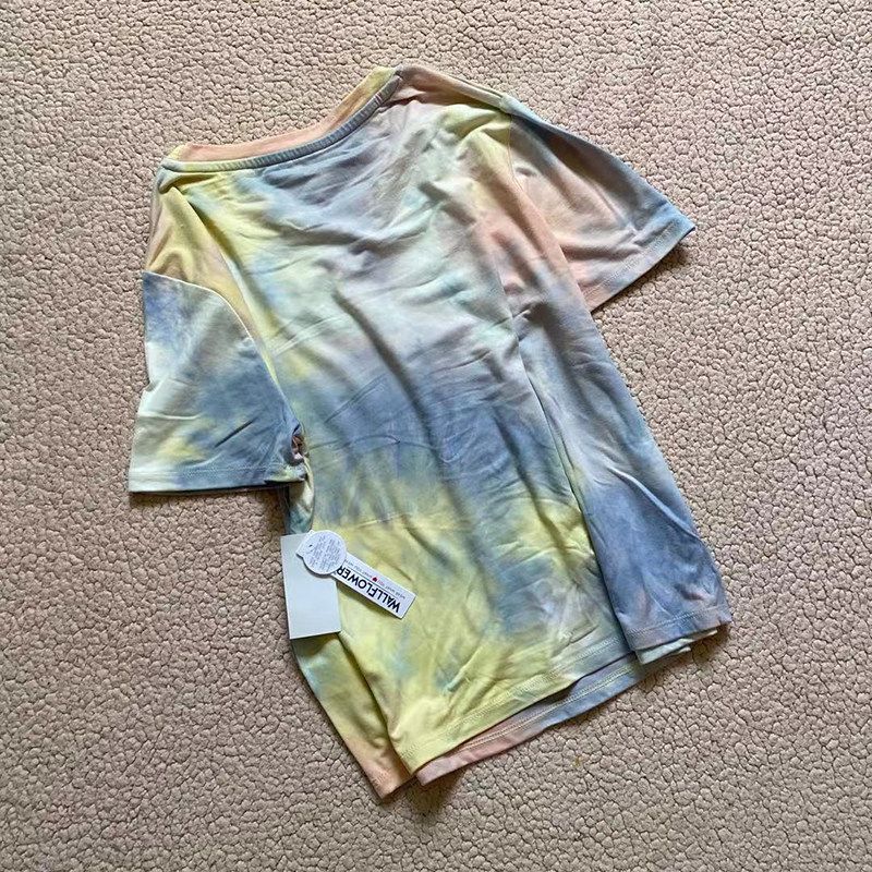 

Fashion Popular Yoga Fitness Loose round Neck Short Sleeve Lemon Yellow Blue Pink Tie Dye M