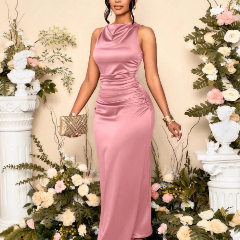 Europäische und amerikanische elegante Damenbekleidung Sommer Neu Plissiertes Satins ärmelloses Kleid Kleid, Partykleid